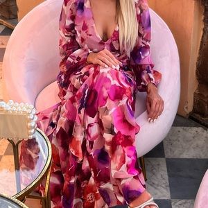 AQUA Printed Long Sleeve Gown